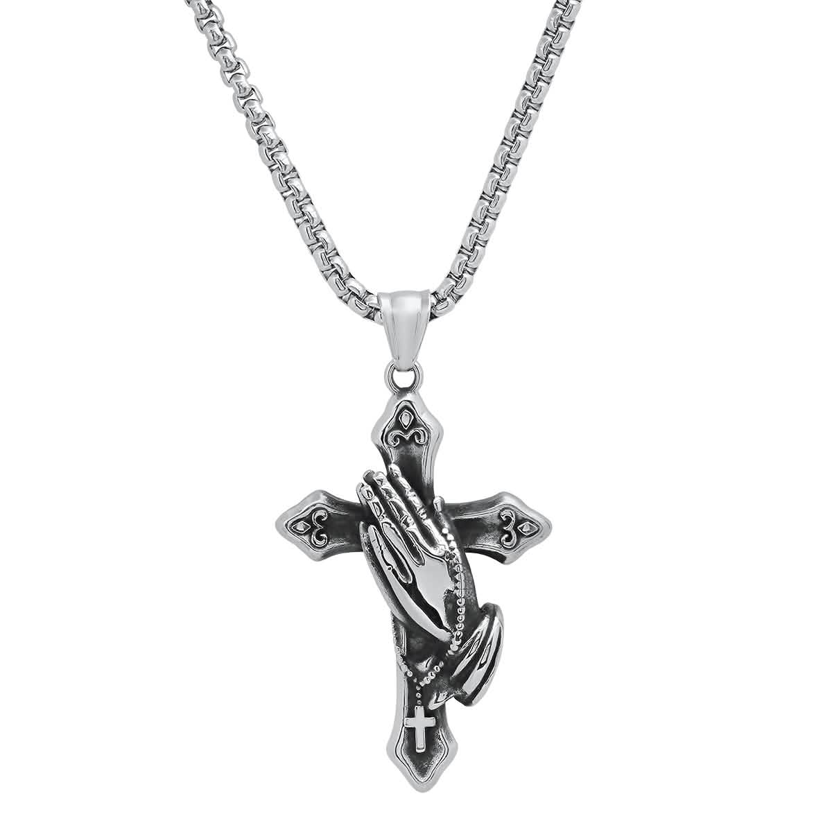 Herren-Edelstahl-Anhänger mit oxidierter Gebetshand und Kreuz