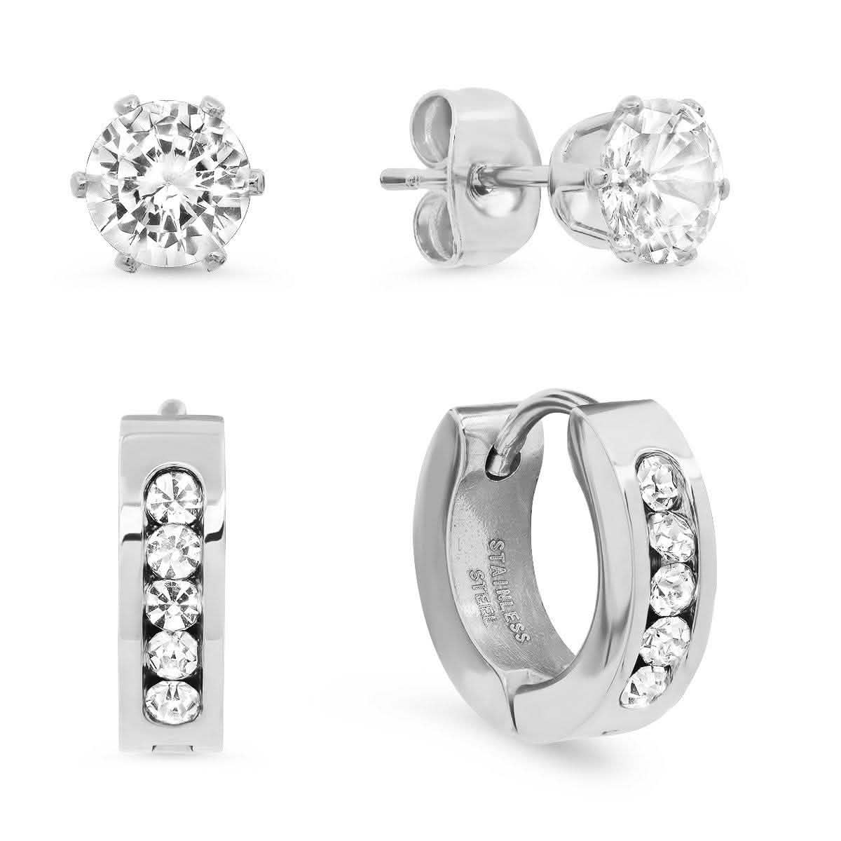Herren-Ohrring-Set aus Edelstahl mit simulierten Diamanten (Huggie und Stecker)