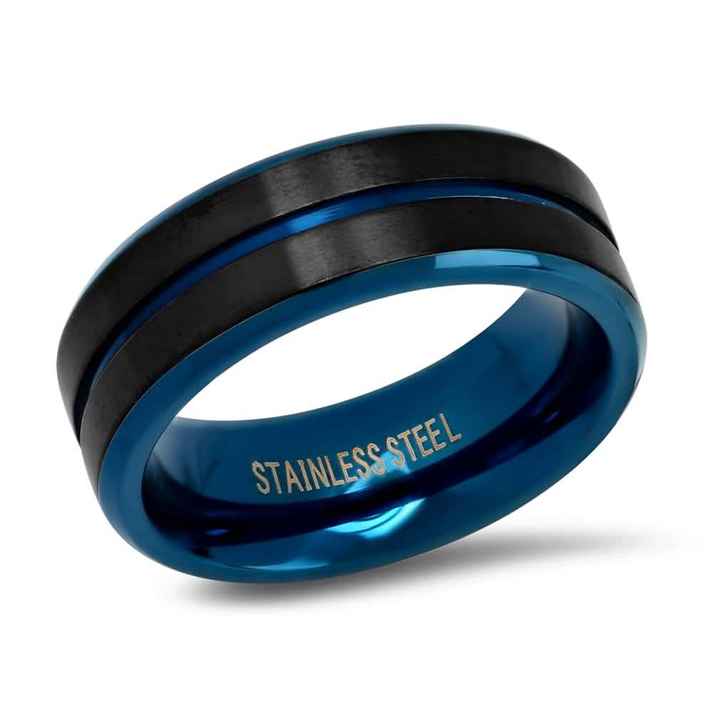 Herren-Ring aus zweifarbigem schwarz-blauem Edelstahl mit IP-Beschichtung
