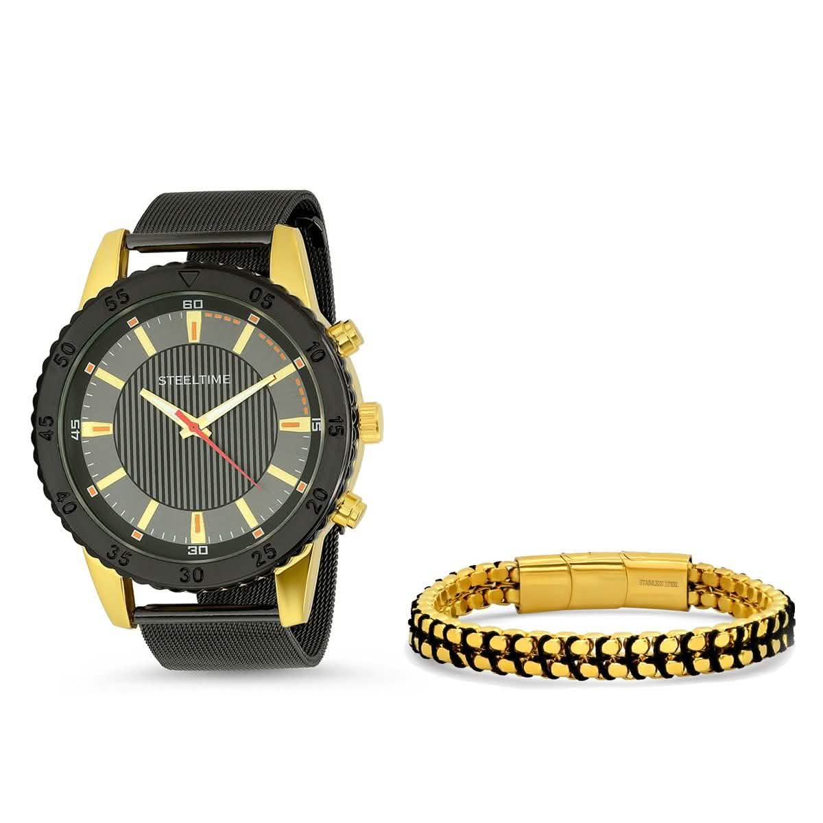 Herrenuhr zweifarbig, IP-Schwarz und 18 Karat Gold, mit 18 Karat Gold-Kastenkette-Armband