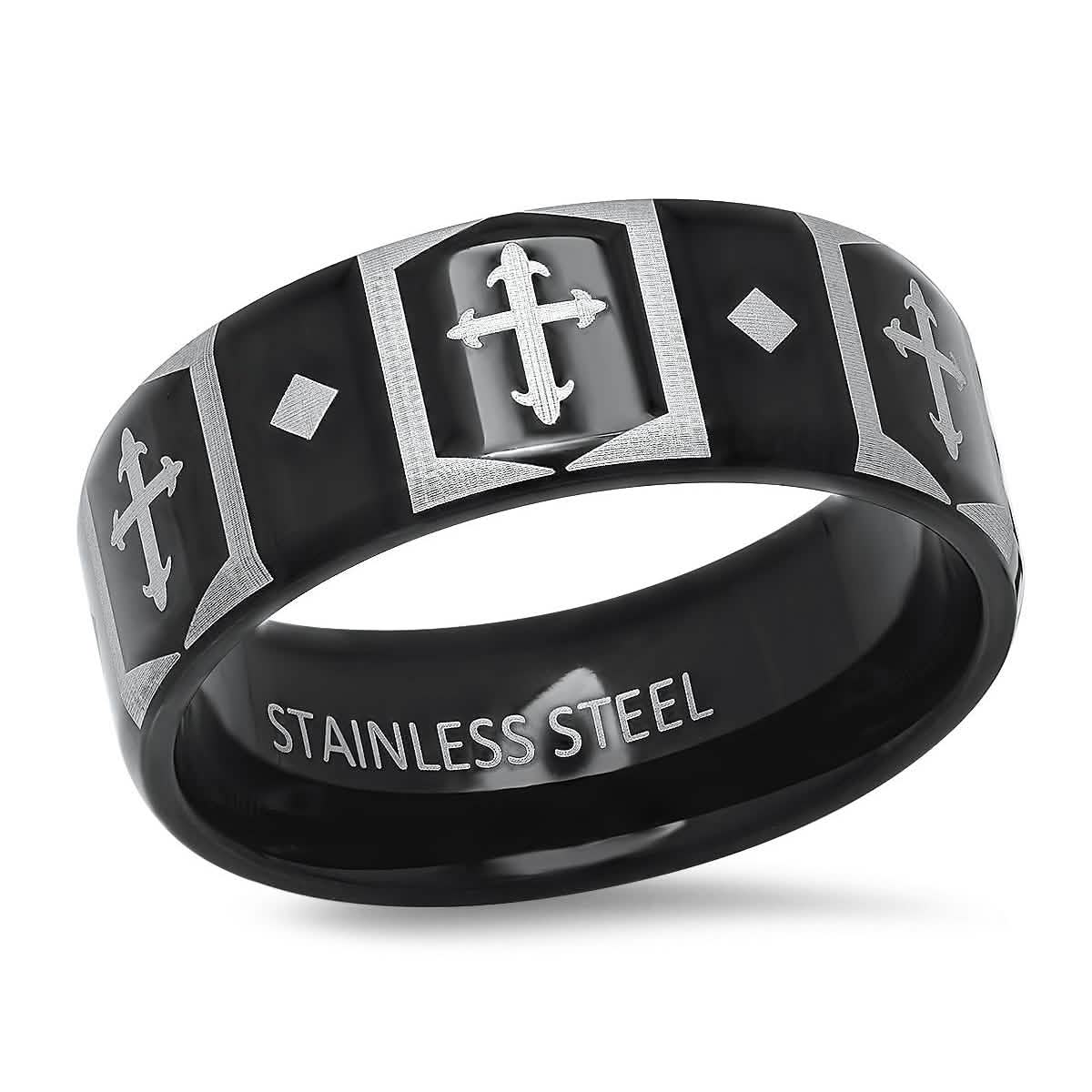 Herren-Bicolor-Ring aus schwarz IP-beschichtetem und Edelstahl mit Kreuz-Akzenten