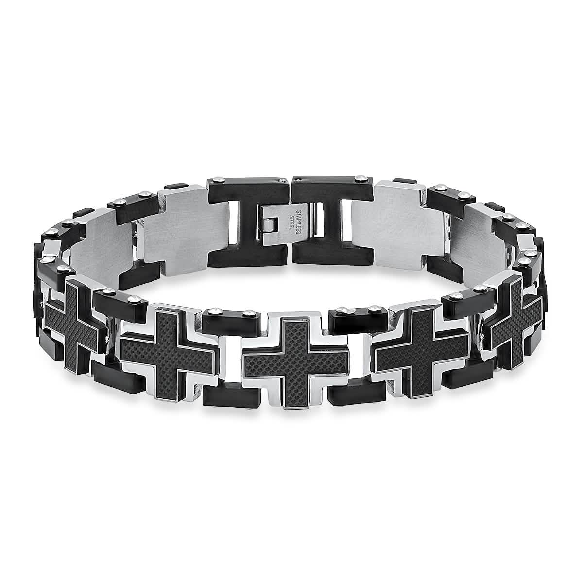 Herren Two-Tone Edelstahlarmband mit schwarzer IP-Beschichtung und Kreuzgliedern aus schwarzem Carbonfaser