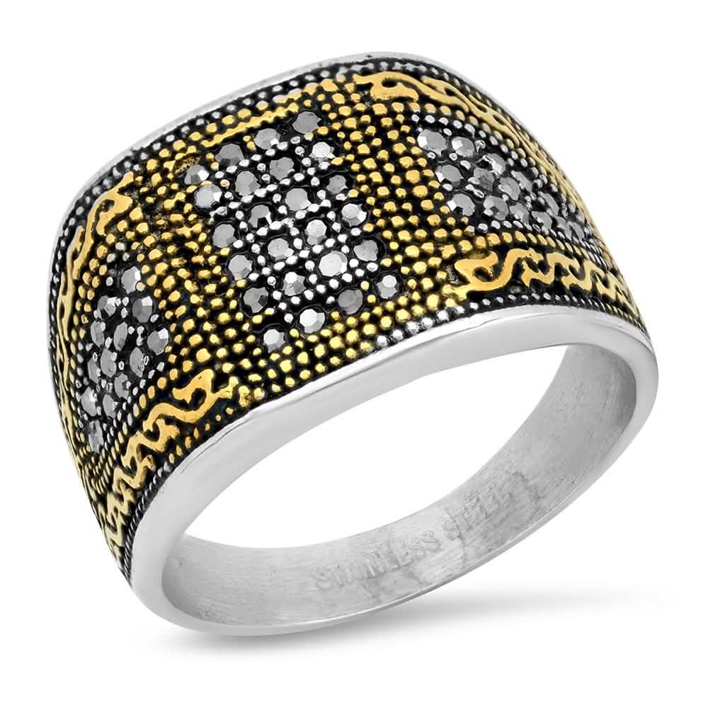 Herren-Bicolor-Ring aus Edelstahl und 18 Karat Gold mit simulierten Diamanten