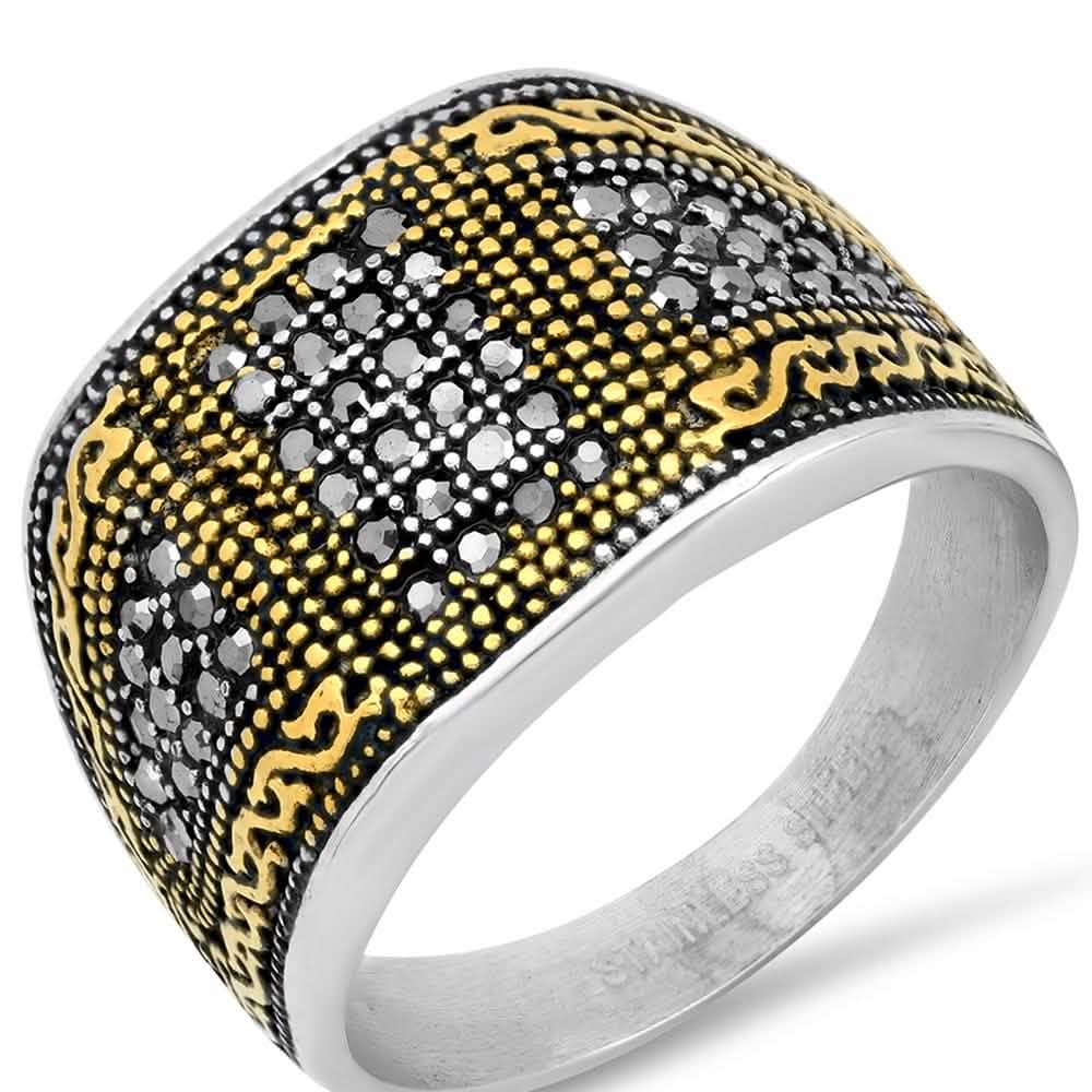 Herren-Bicolor-Ring aus Edelstahl und 18 Karat Gold mit simulierten Diamanten