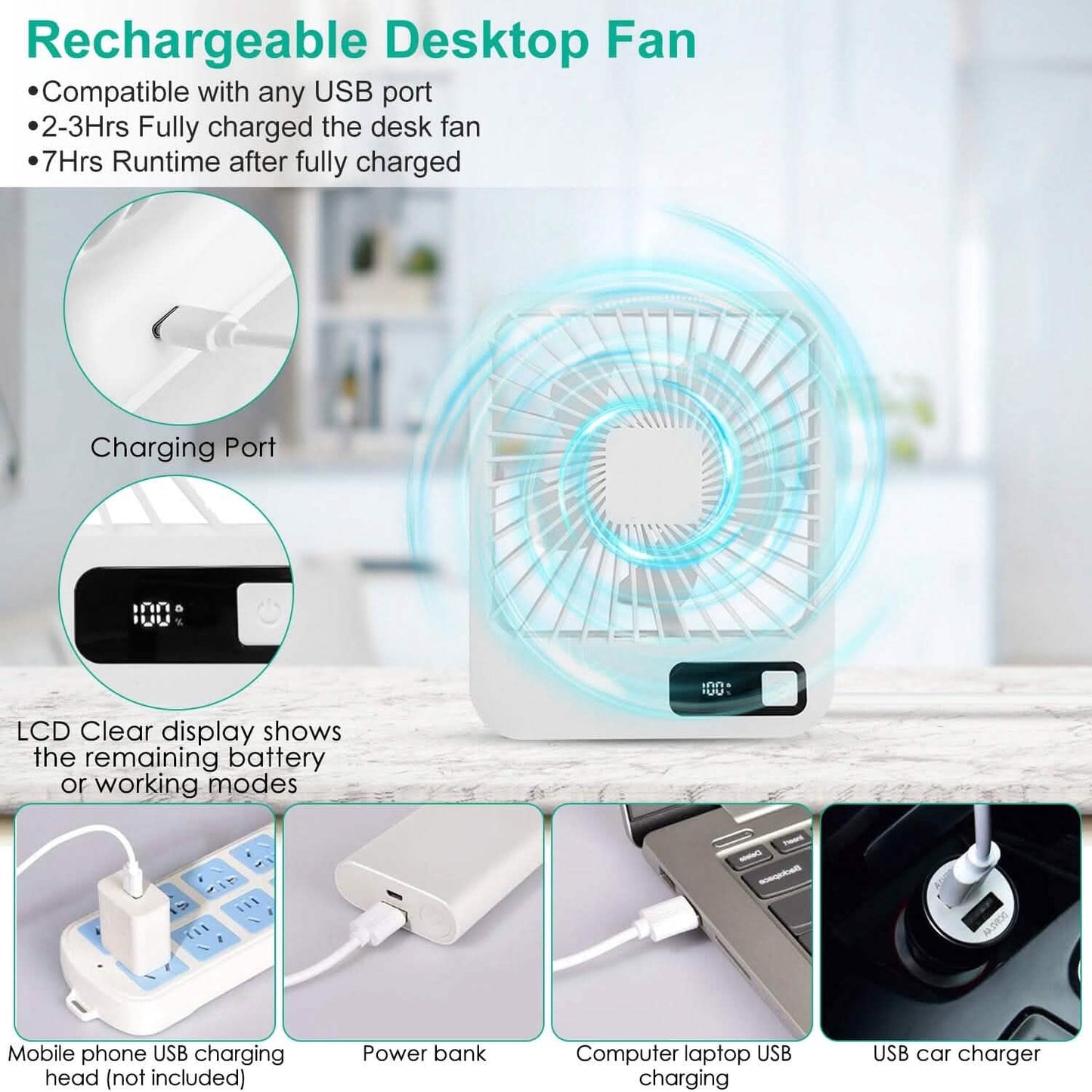 Mini Desktop-Kühlventilator, akkubetrieben mit LCD-Anzeige