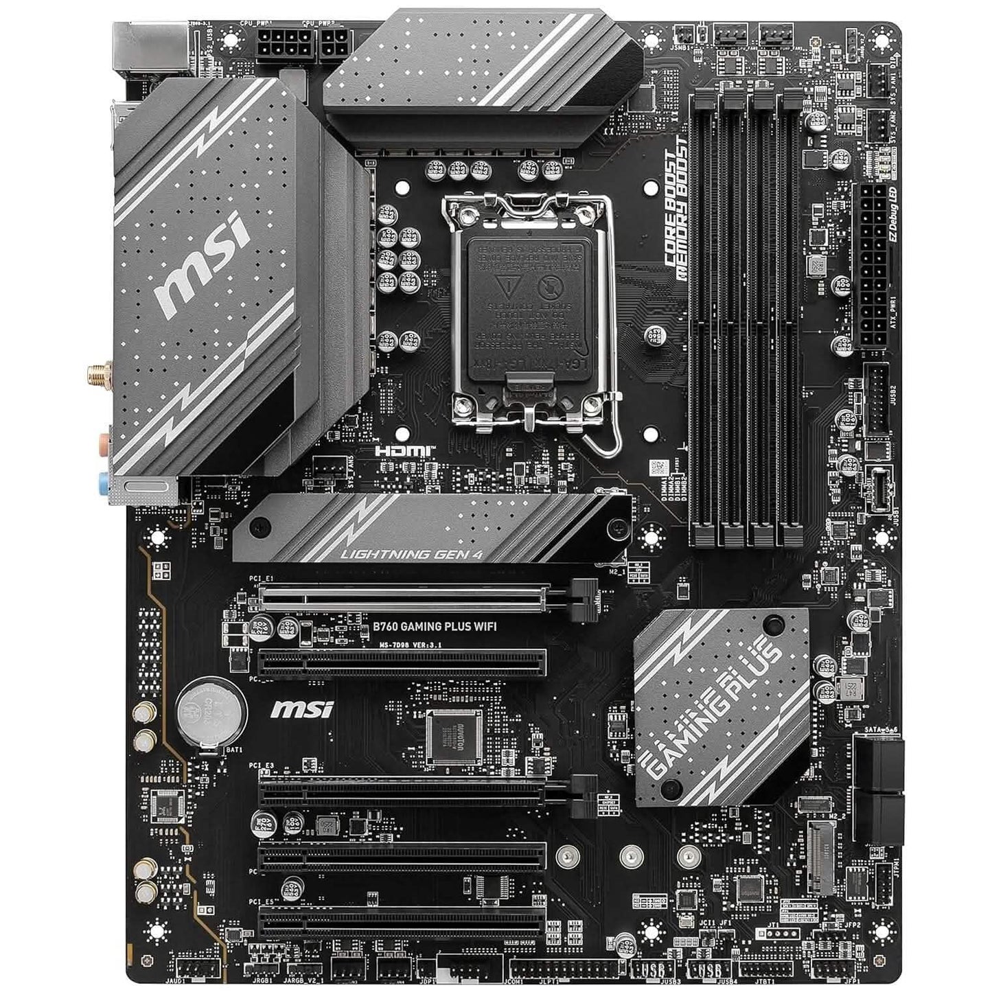 MSI B760 Gaming Plus WiFi Gaming-Mainboard (unterstützt Intel-Prozessoren der 12./13. Generation, LGA 1700, DDR5, PCIe 4.0, M.2, 2,5-Gbit/s-LAN, USB 3.2 Gen2, Wi-Fi 6E, ATX) (Generalüberholt)
