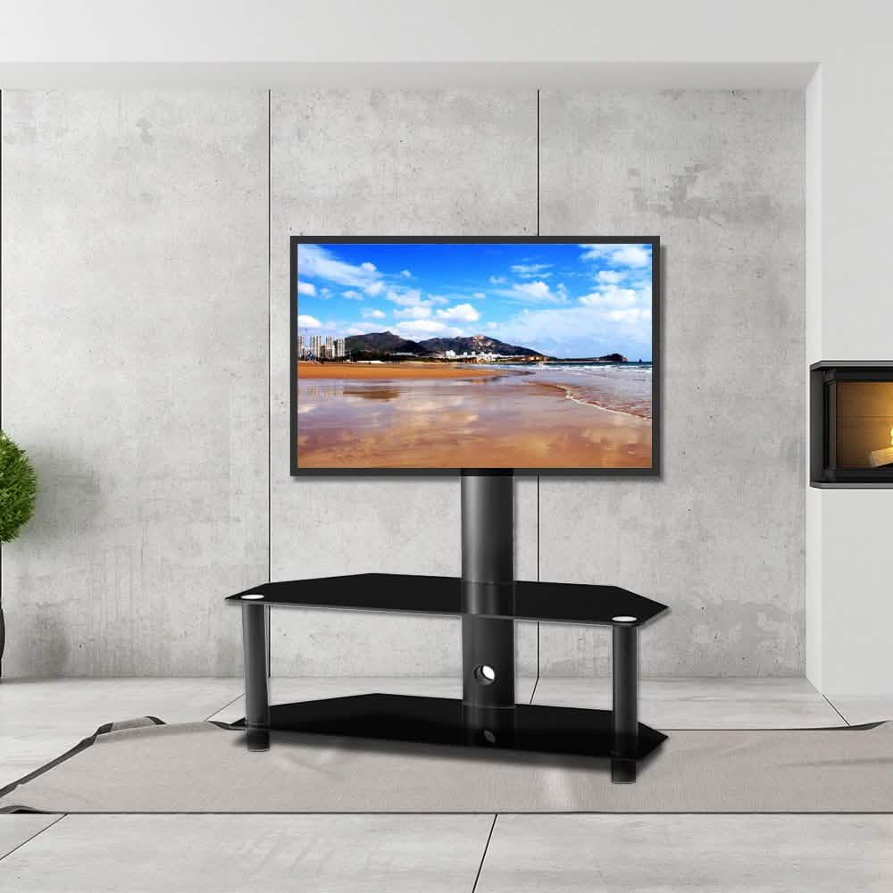Multifunktionaler, winkel- und höhenverstellbarer TV-Ständer aus gehärtetem Glas und Metallrahmen