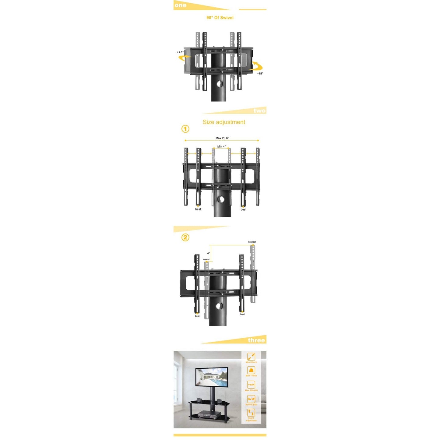 Multifunktionaler, winkel- und höhenverstellbarer TV-Ständer aus gehärtetem Glas und Metallrahmen