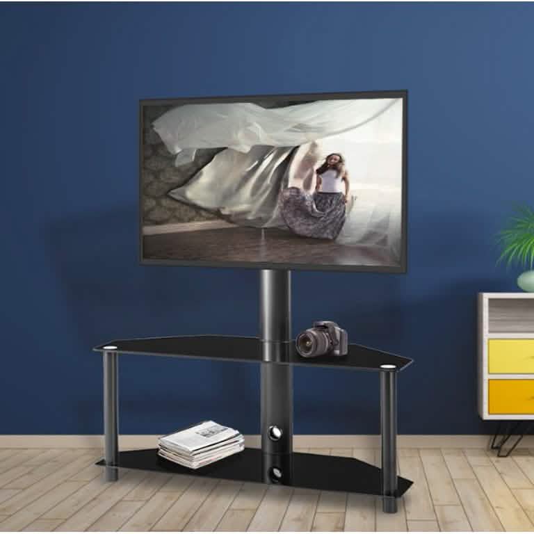 Multifunktionaler, winkel- und höhenverstellbarer TV-Ständer aus gehärtetem Glas und Metallrahmen