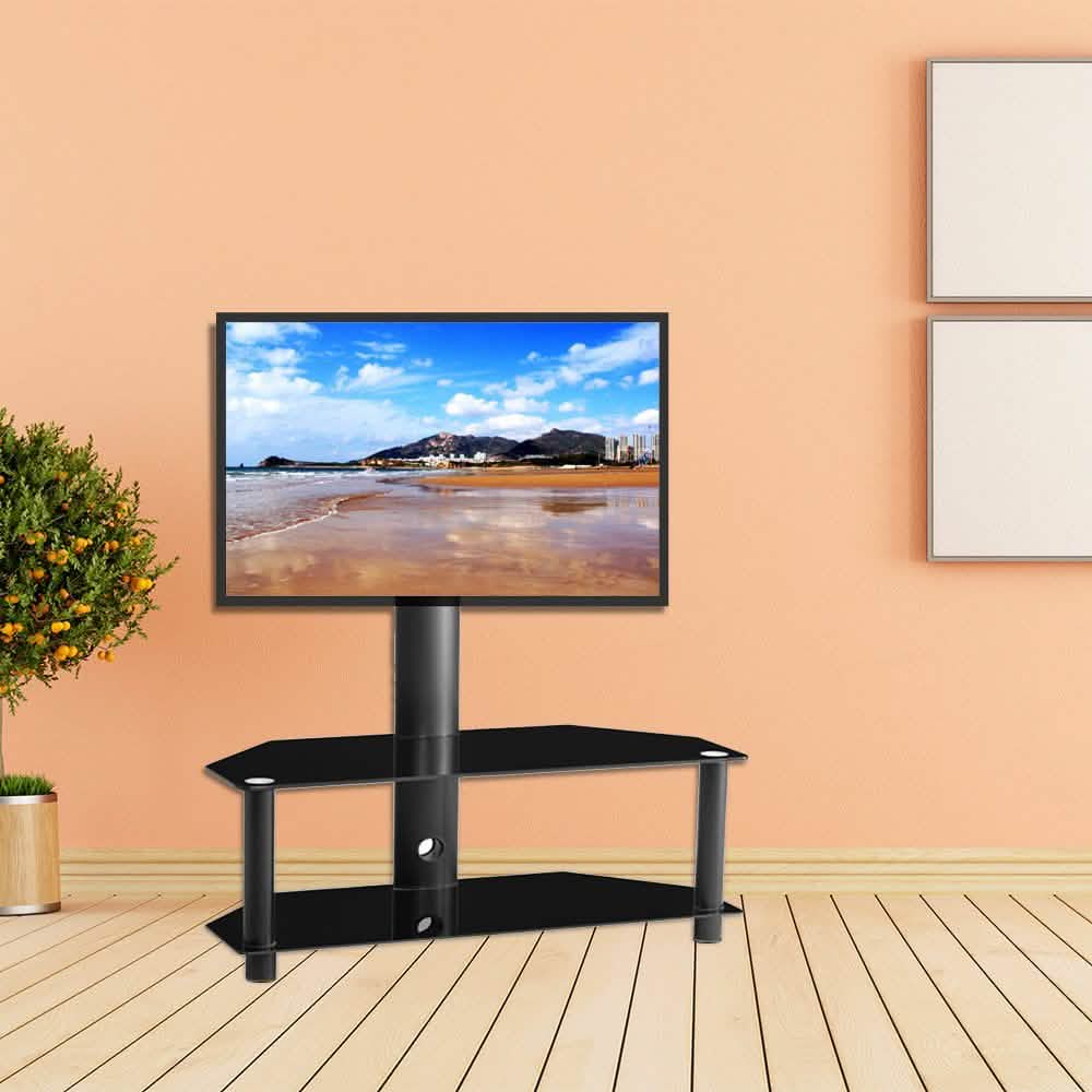 Multifunktionaler, winkel- und höhenverstellbarer TV-Ständer aus gehärtetem Glas und Metallrahmen
