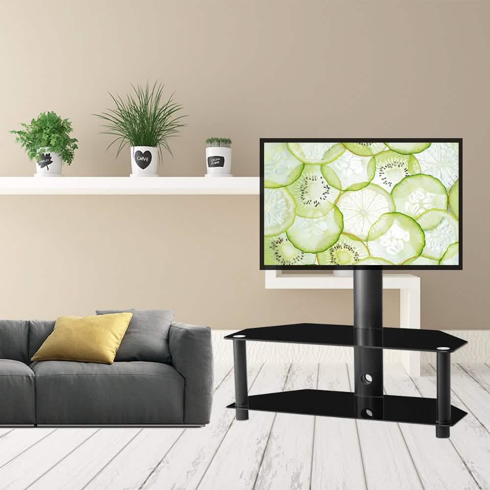 Multifunktionaler, winkel- und höhenverstellbarer TV-Ständer aus gehärtetem Glas und Metallrahmen