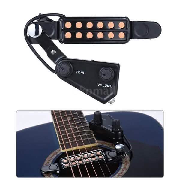 Music Tools 12-Loch Akustikgitarren-Schallloch-Tonabnehmer, magnetischer Wandler mit Ton-, Lautstärke-Regler, Audiokabel