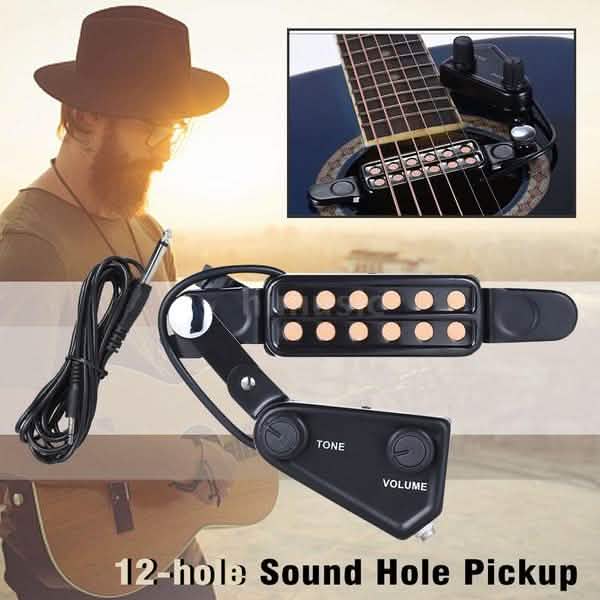 Music Tools 12-Loch Akustikgitarren-Schallloch-Tonabnehmer, magnetischer Wandler mit Ton-, Lautstärke-Regler, Audiokabel