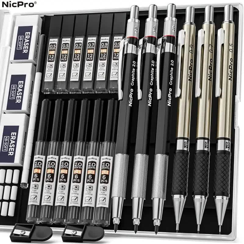 Nicpro Art Druckbleistift-Set zum Schreiben, Skizzieren, Zeichnen mit Minen-Nachfüllpackung
