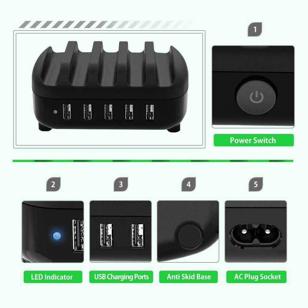 NTONPOWER Smartphone-Ladestation mit 5 USB-Anschlüssen, Dock und Organizer