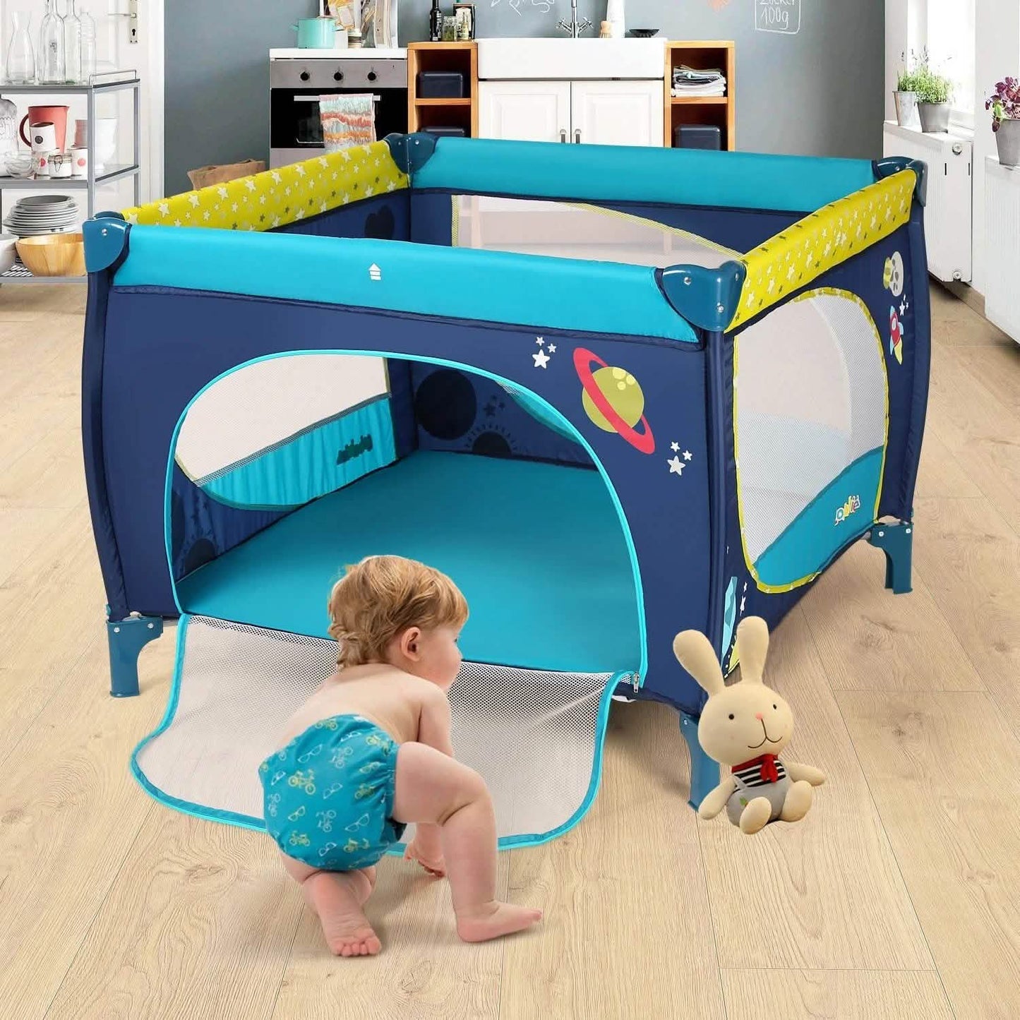Odoland 39"x39" Faltbarer Laufstall für Babys und Kleinkinder mit Matratze, Gitter und Zaun, Blau
