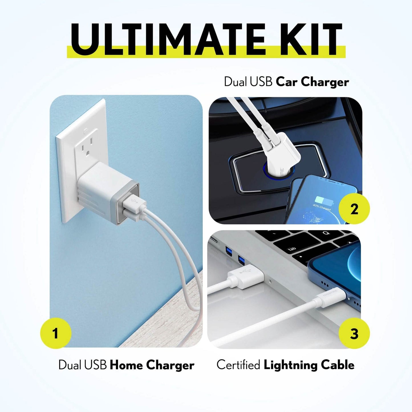 Overtime Heim- und Auto-Komplettlade-Kit: Schnelle Wand- und Autoladegeräte + robustes Lightning-Kabel