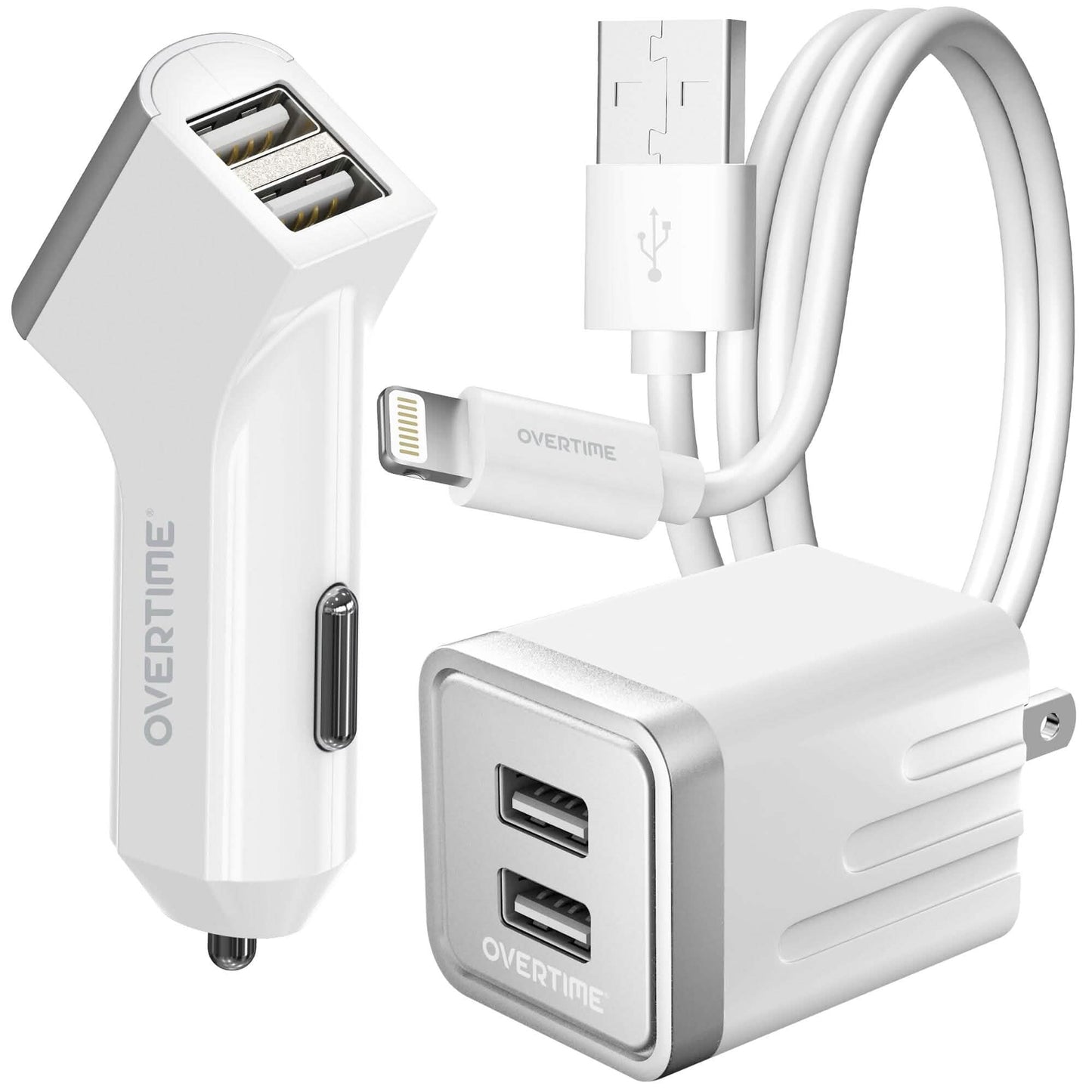 Overtime Heim- und Auto-Komplettlade-Kit: Schnelle Wand- und Autoladegeräte + robustes Lightning-Kabel