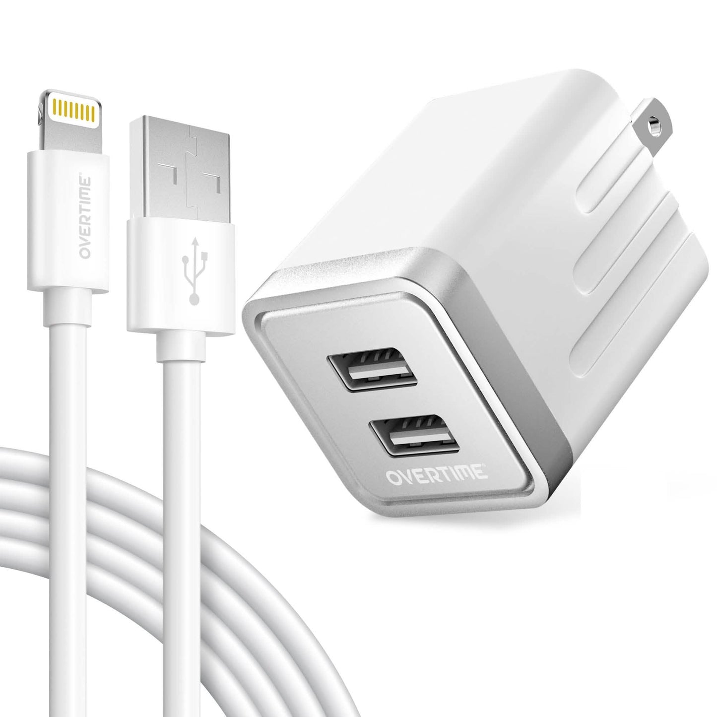 Overtime iPhone Lade-Set | Apple MFi zertifiziertes Lightning Kabel 1,8m mit Dual-USB Netzteil – Weiß