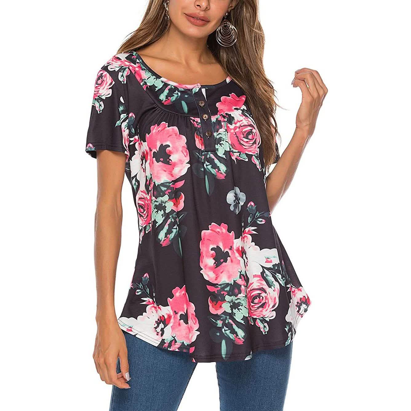 Paisley-bedrucktes Button-Up-Oberteil, Kurzarm, V-Ausschnitt, plissiert, lässige, lockere Schlag-Tunika-Bluse, Henley-Shirt