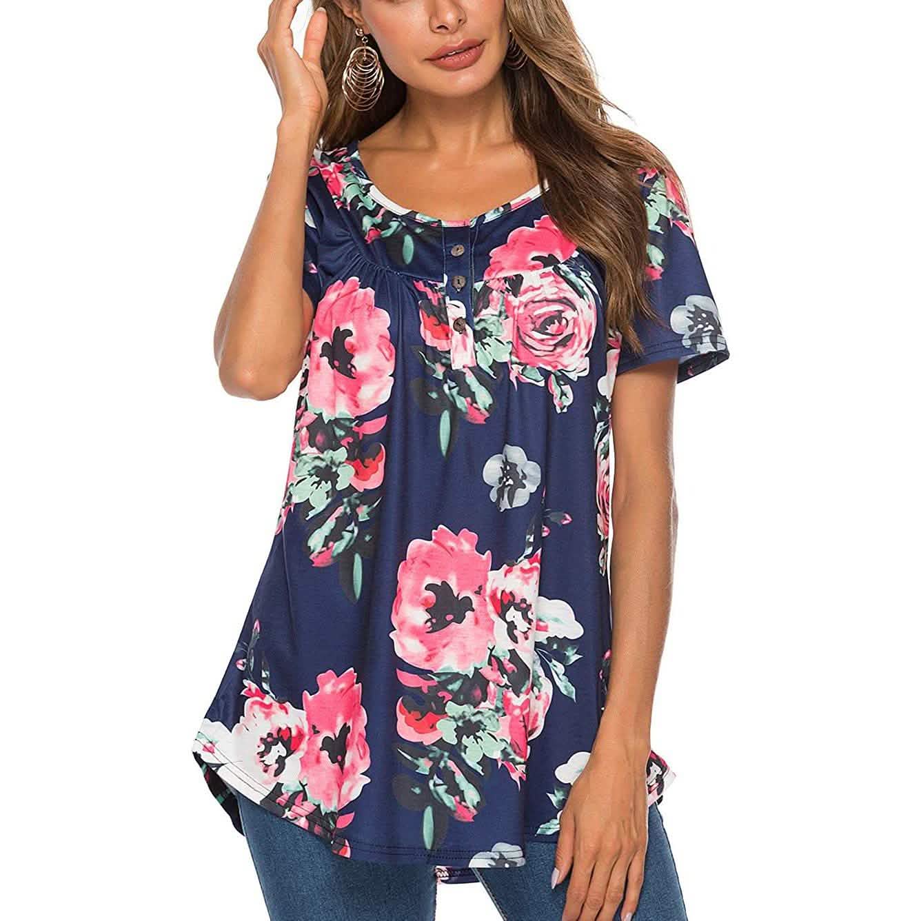 Paisley-bedrucktes Button-Up-Oberteil, Kurzarm, V-Ausschnitt, plissiert, lässige, lockere Schlag-Tunika-Bluse, Henley-Shirt