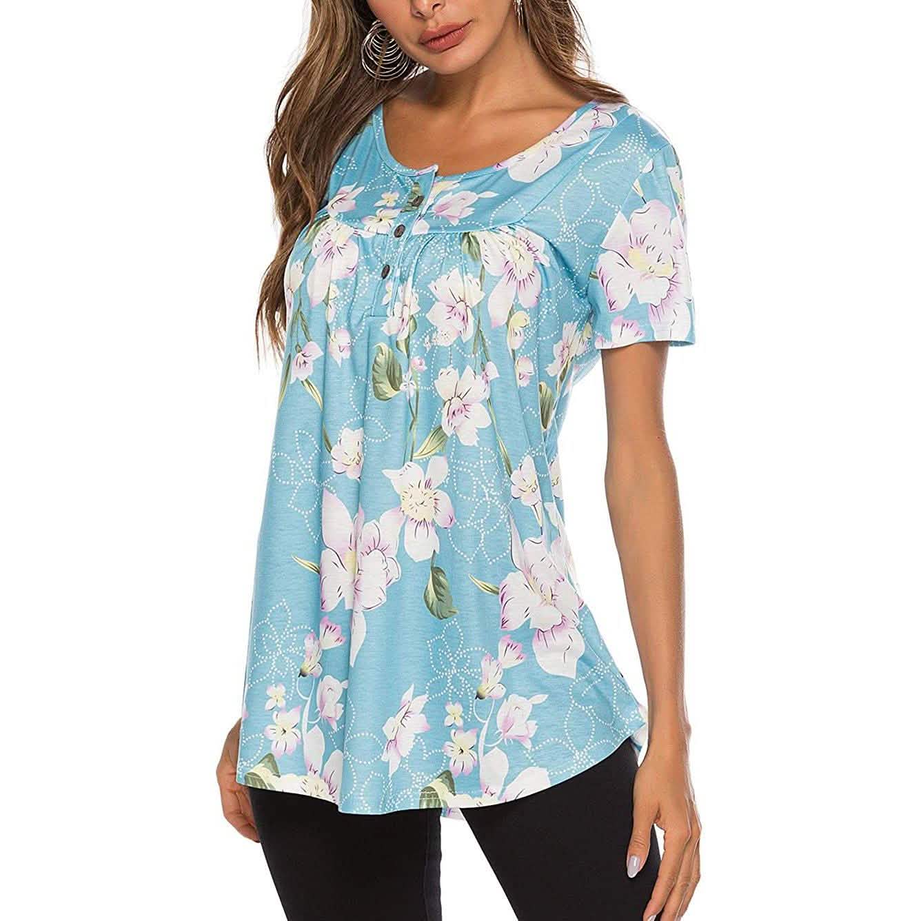 Paisley-bedrucktes Button-Up-Oberteil, Kurzarm, V-Ausschnitt, plissiert, lässige, lockere Schlag-Tunika-Bluse, Henley-Shirt
