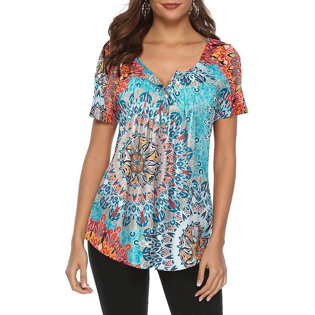 Paisley-bedrucktes Button-Up-Oberteil, Kurzarm, V-Ausschnitt, plissiert, lässige, lockere Schlag-Tunika-Bluse, Henley-Shirt