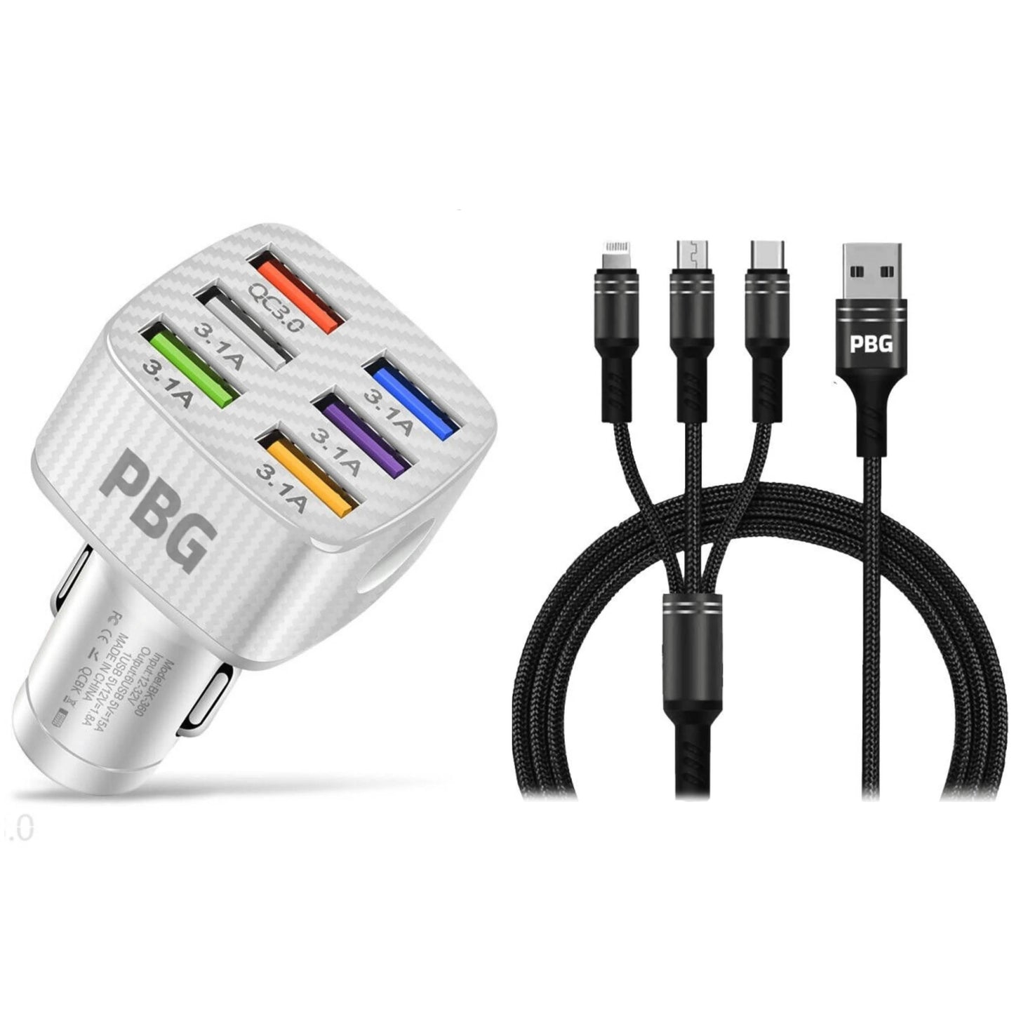 PBG LED 6-Port Auto-Ladegerät und 1,2 m langes 3-in-1-Kabel-Set