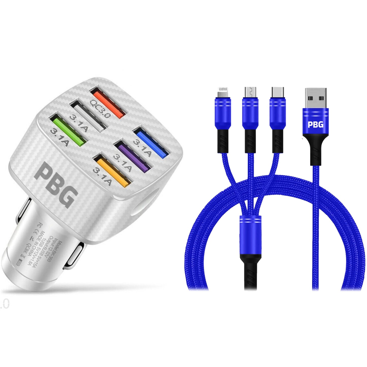 PBG LED 6-Port Auto-Ladegerät und 1,2 m langes 3-in-1-Kabel-Set