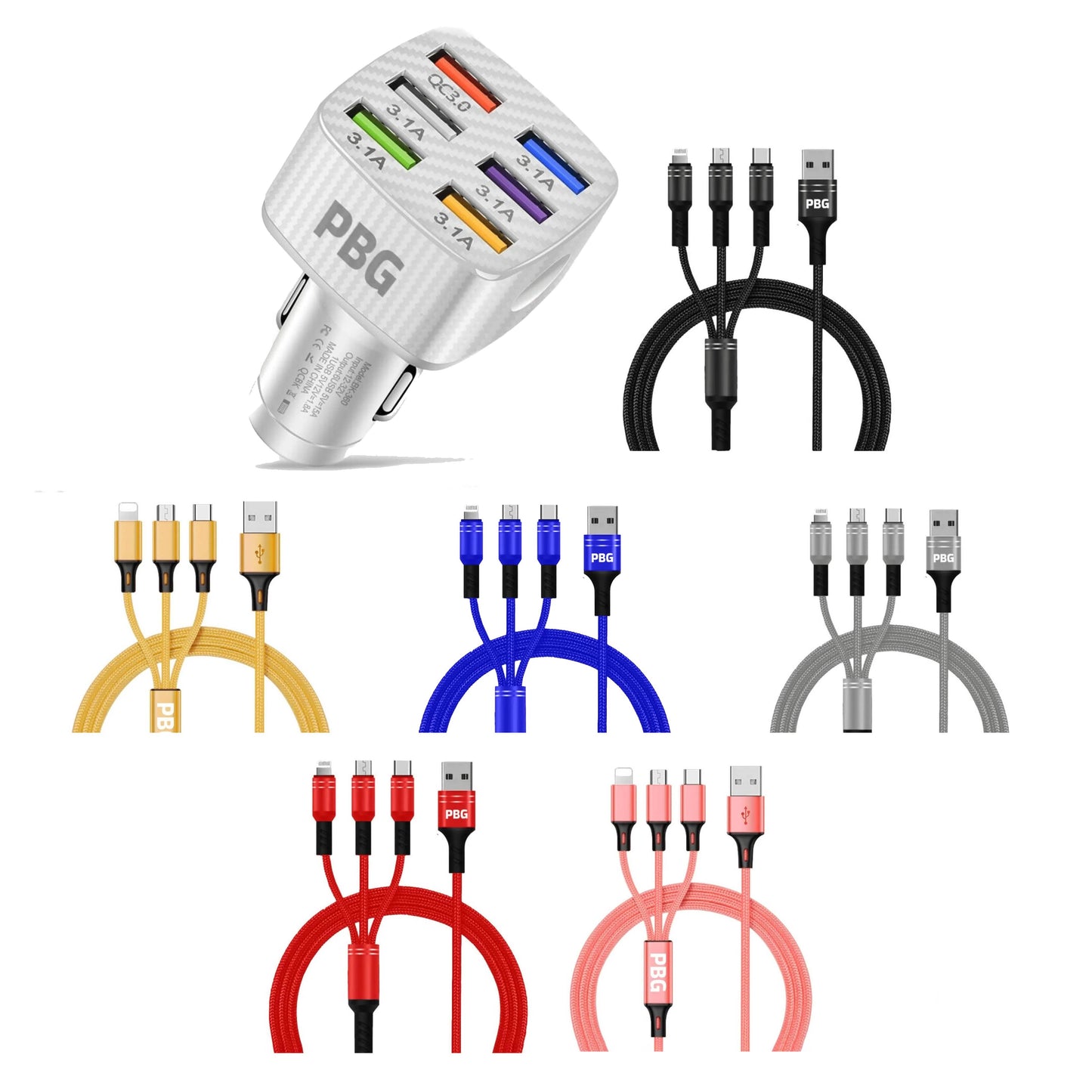 PBG LED 6-Port Auto-Ladegerät und 1,2 m langes 3-in-1-Kabel-Set