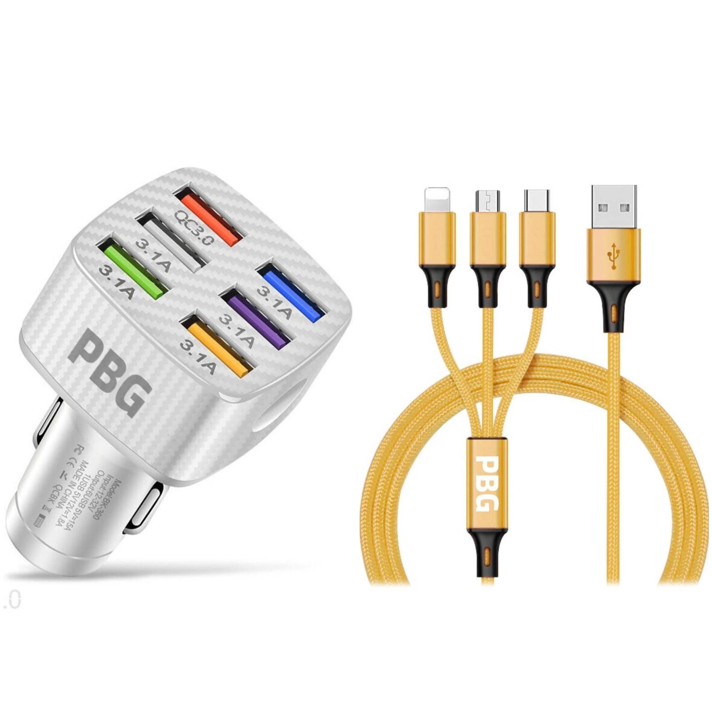 PBG LED 6-Port Auto-Ladegerät und 1,2 m langes 3-in-1-Kabel-Set
