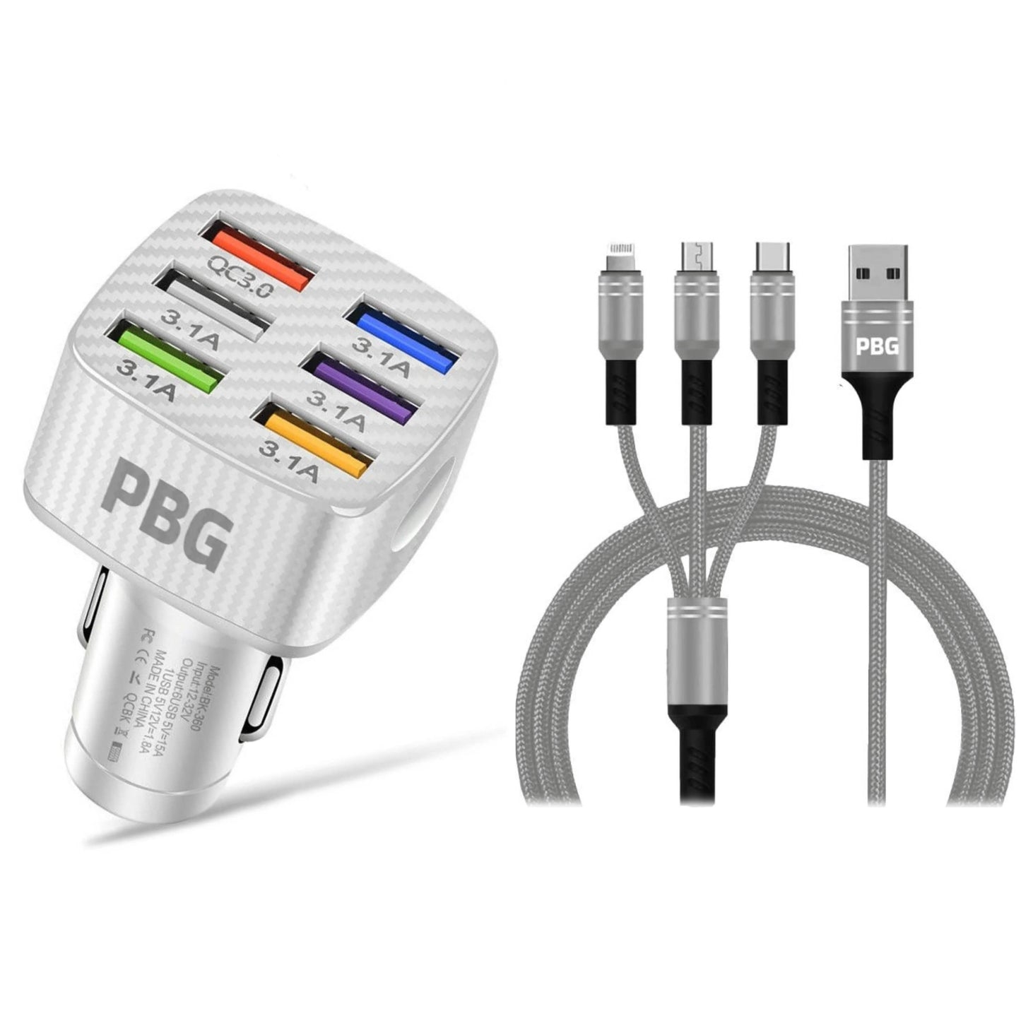 PBG LED 6-Port Auto-Ladegerät und 1,2 m langes 3-in-1-Kabel-Set
