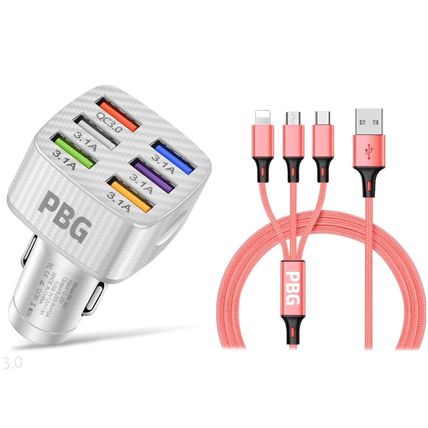 PBG LED 6-Port Auto-Ladegerät und 1,2 m langes 3-in-1-Kabel-Set