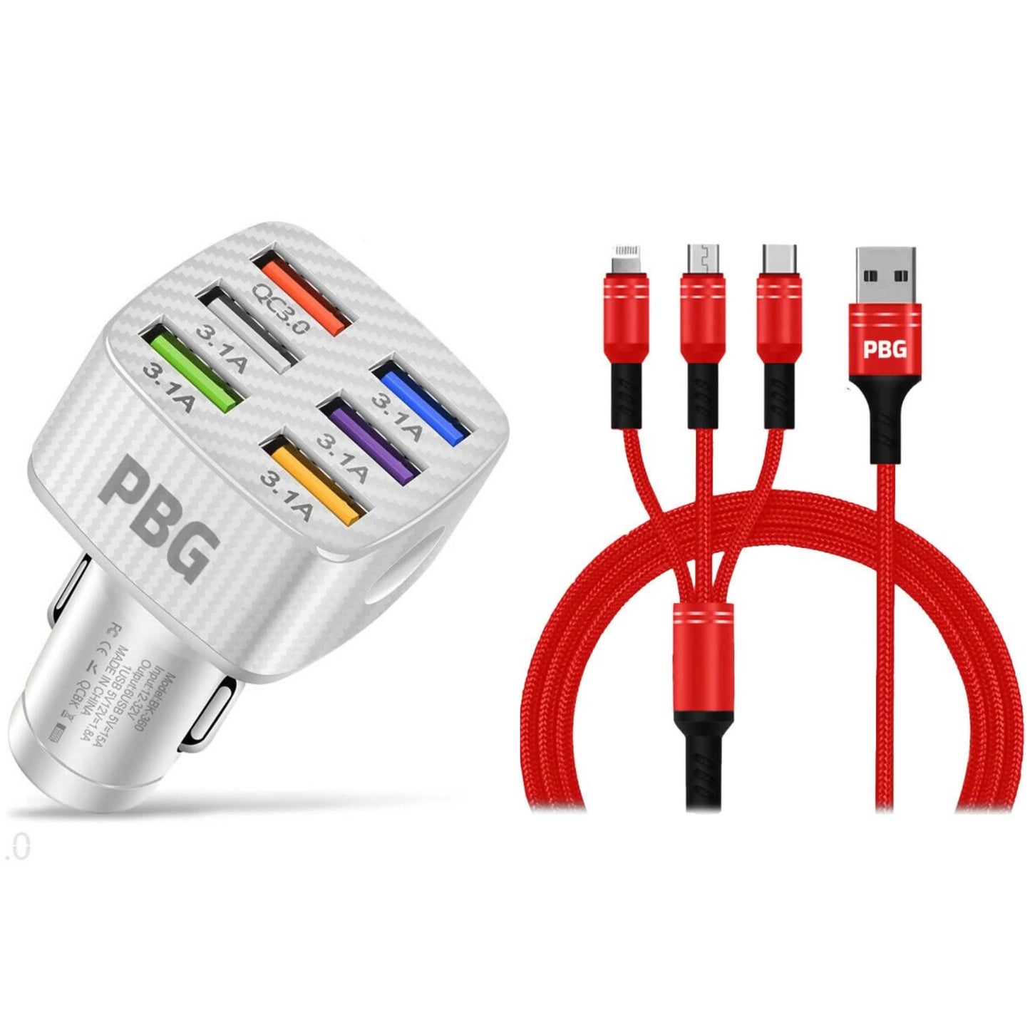 PBG LED 6-Port Auto-Ladegerät und 1,2 m langes 3-in-1-Kabel-Set