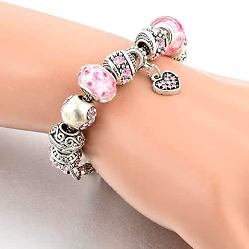 Pink Kristall Herz Perle Glas Charm Armband mit Verlängerung