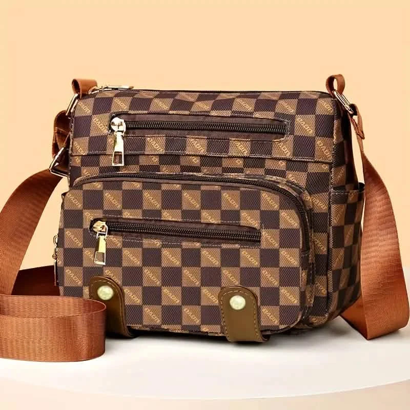 Umhängetasche mit Karomuster, Damentasche mit mehreren Taschen, Schultertasche aus Kunstleder mit Nietenbesatz