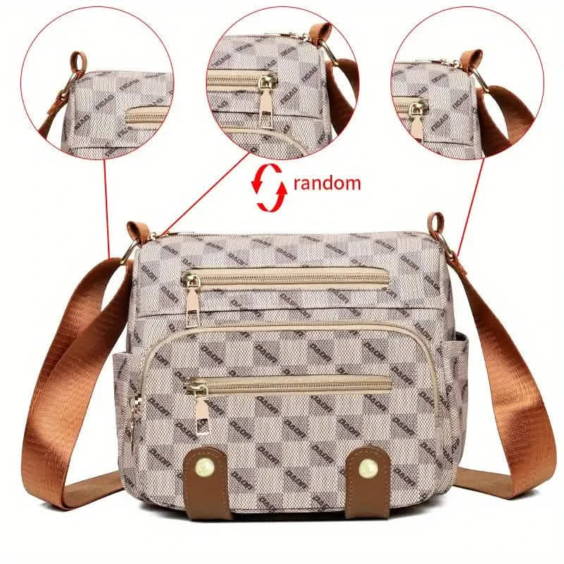 Umhängetasche mit Karomuster, Damentasche mit mehreren Taschen, Schultertasche aus Kunstleder mit Nietenbesatz