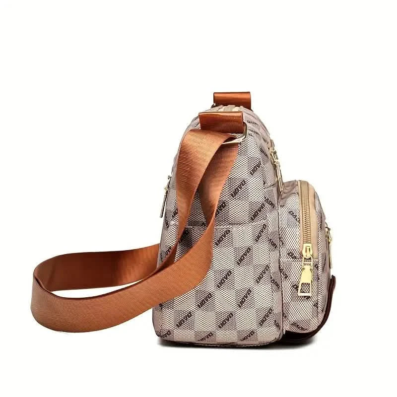 Umhängetasche mit Karomuster, Damentasche mit mehreren Taschen, Schultertasche aus Kunstleder mit Nietenbesatz