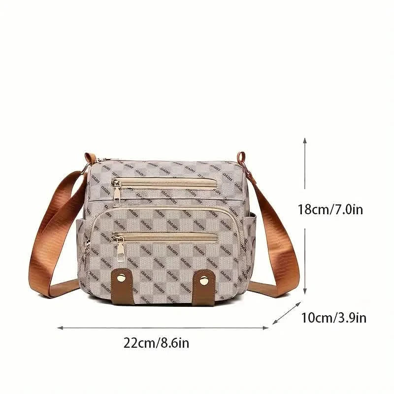 Umhängetasche mit Karomuster, Damentasche mit mehreren Taschen, Schultertasche aus Kunstleder mit Nietenbesatz