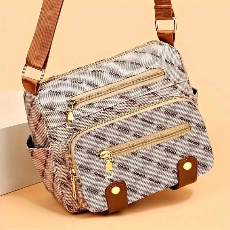 Umhängetasche mit Karomuster, Damentasche mit mehreren Taschen, Schultertasche aus Kunstleder mit Nietenbesatz