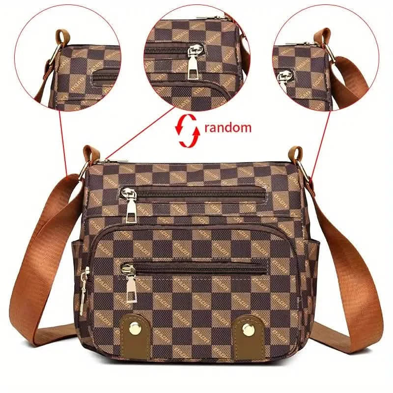 Umhängetasche mit Karomuster, Damentasche mit mehreren Taschen, Schultertasche aus Kunstleder mit Nietenbesatz