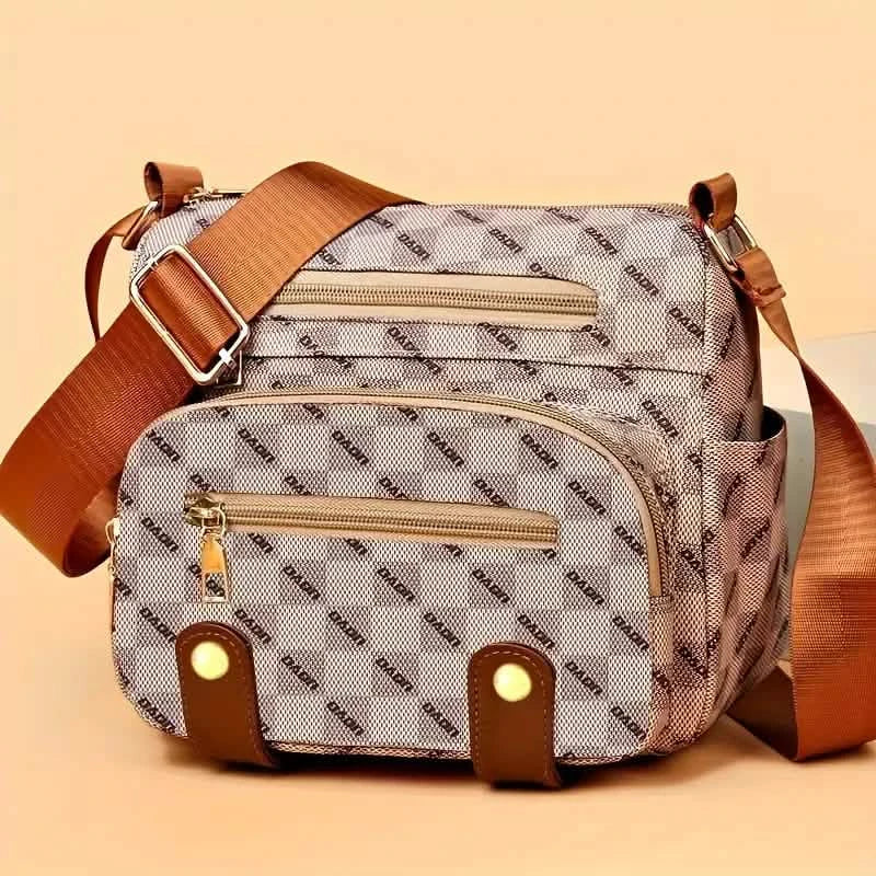 Umhängetasche mit Karomuster, Damentasche mit mehreren Taschen, Schultertasche aus Kunstleder mit Nietenbesatz