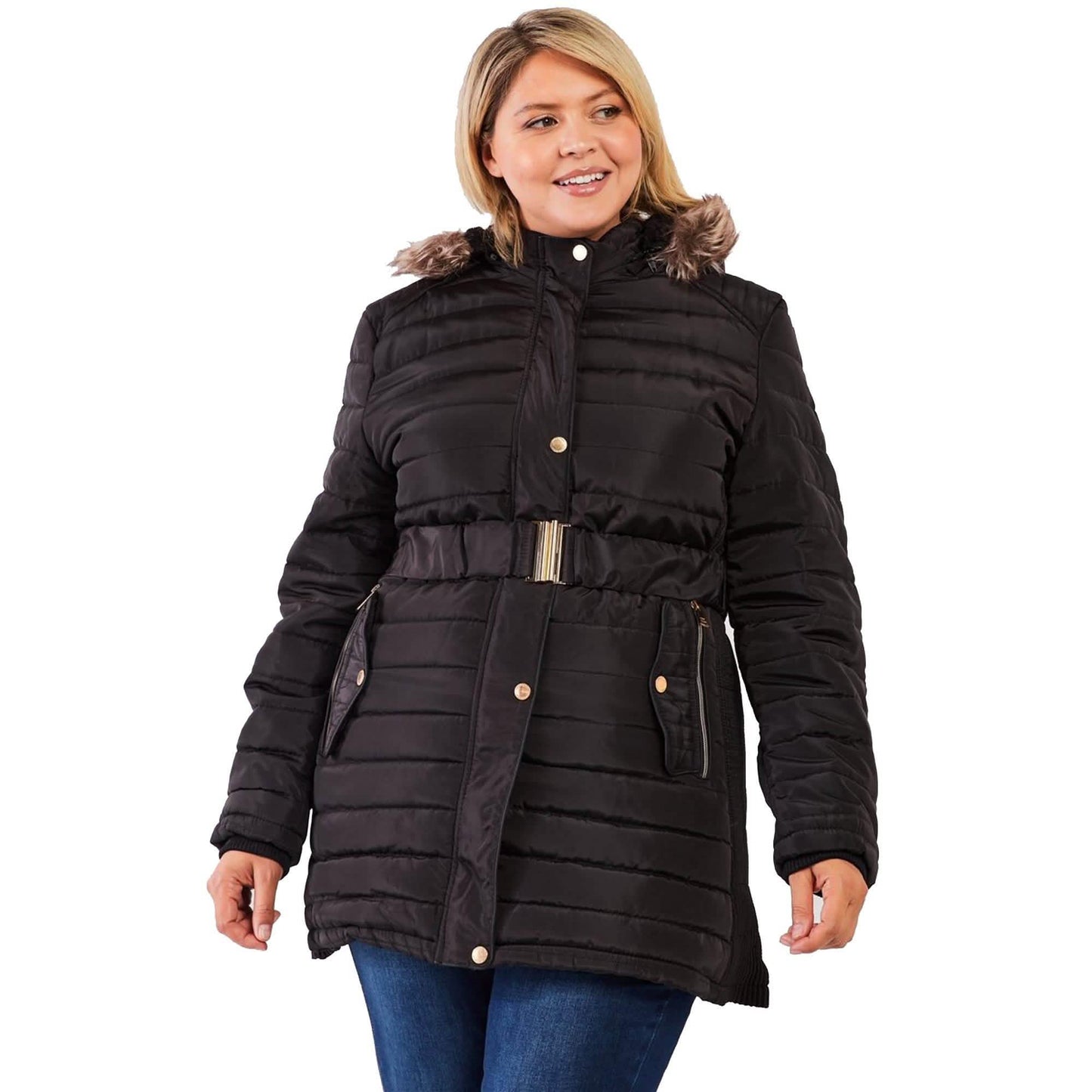Große Größen Steppjacke mit Kunstfellkapuze, Gürtel und Polsterung