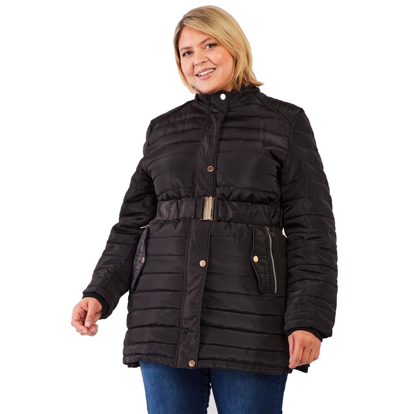 Große Größen Steppjacke mit Kunstfellkapuze, Gürtel und Polsterung