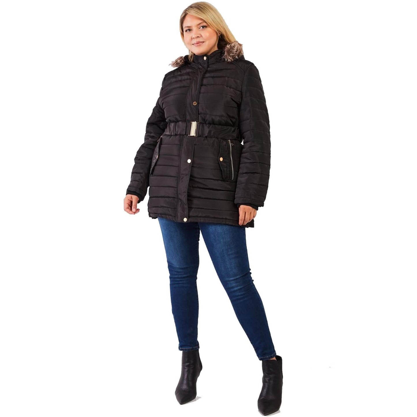 Große Größen Steppjacke mit Kunstfellkapuze, Gürtel und Polsterung