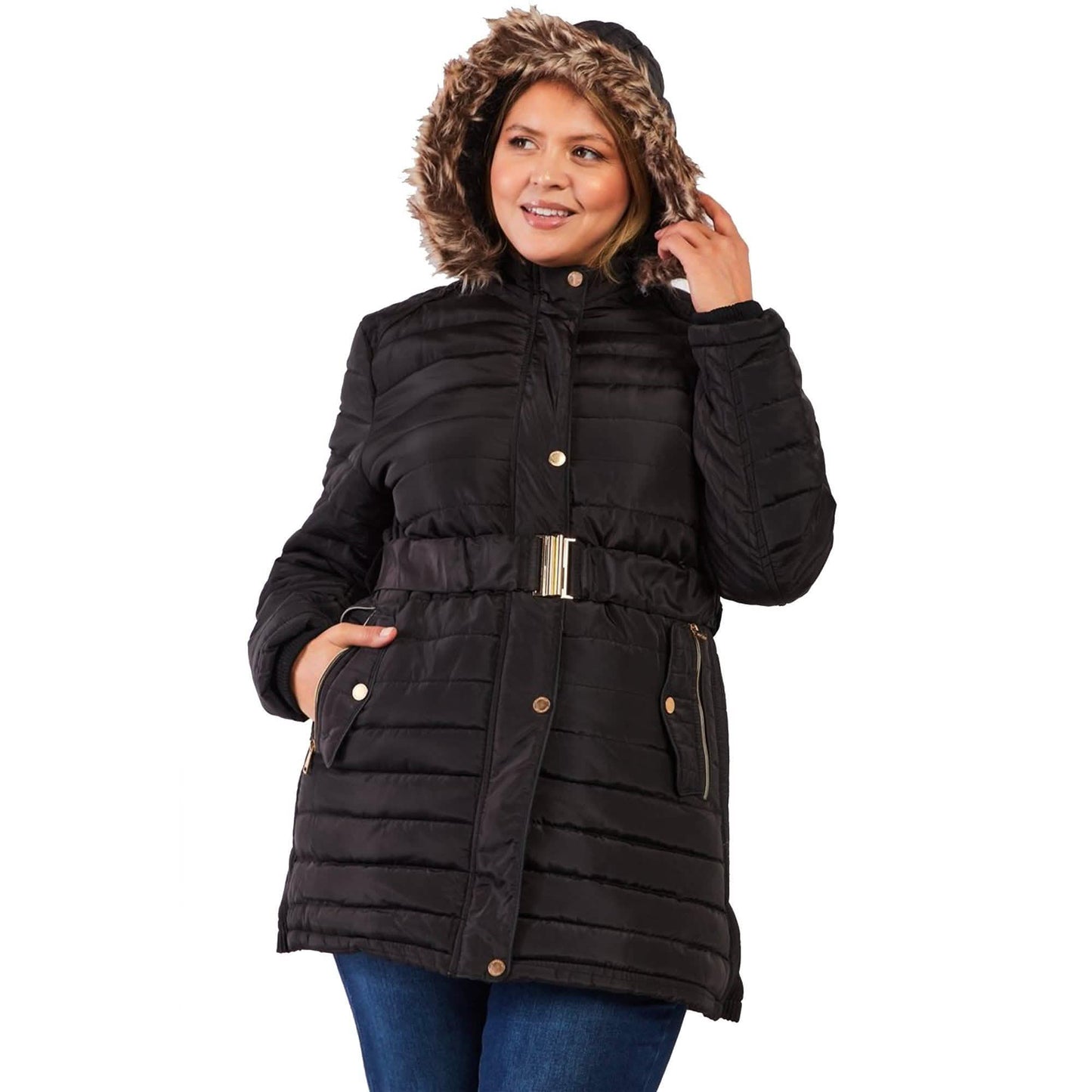 Große Größen Steppjacke mit Kunstfellkapuze, Gürtel und Polsterung