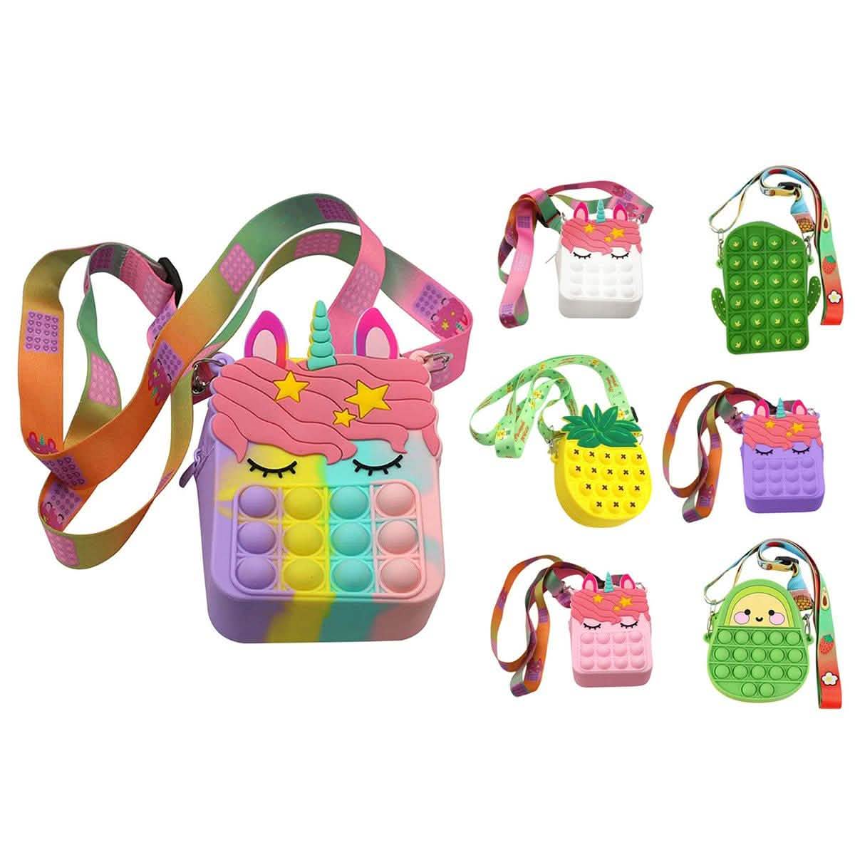 Pop-It Blasen-Einhorn- und Früchte-Fidget-Umhängetasche