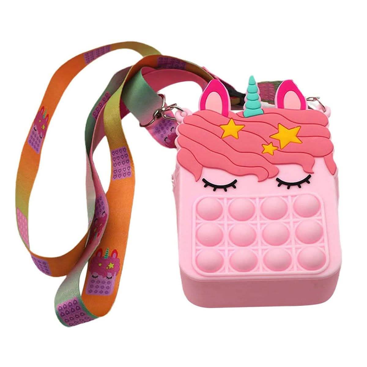 Pop-It Blasen-Einhorn- und Früchte-Fidget-Umhängetasche
