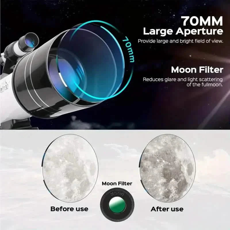 Tragbares astronomisches 150X-Teleskop, 70 mm Öffnung, Monokular mit Stativ