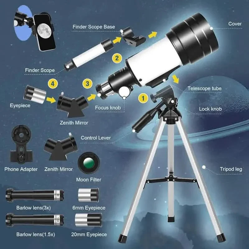 Tragbares astronomisches 150X-Teleskop, 70 mm Öffnung, Monokular mit Stativ
